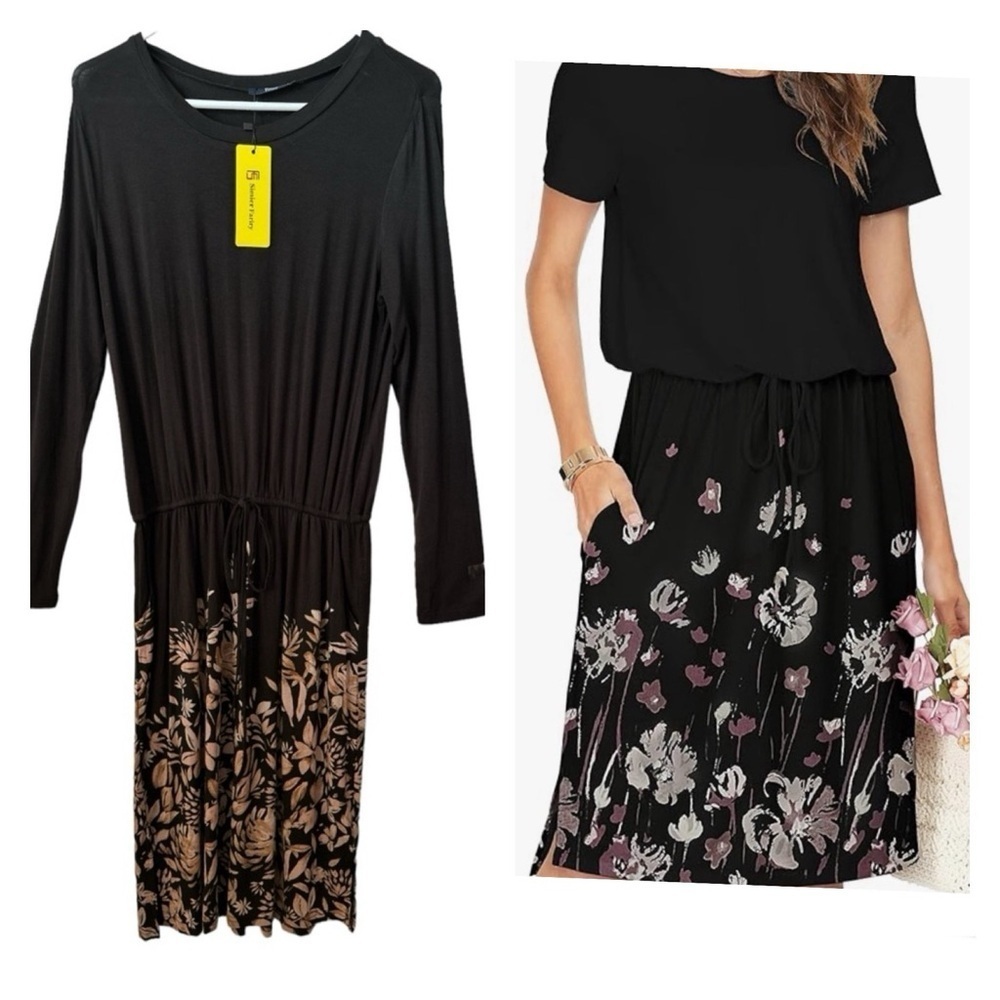SIMIER FARIRY Black Floral  Short Sleeves  Side Pockets Medium Summer Dress BNWT